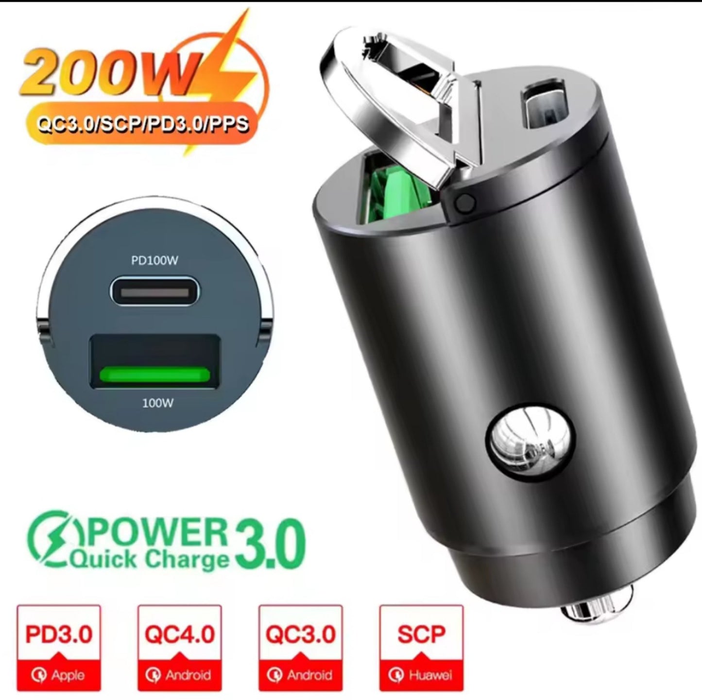 100W/200W QC3.0 PD Mini Car Charger 12-24V Lighter Fast Charging Car USB Type C Charger for Xiaomi Samsung Huawei iPhone Power