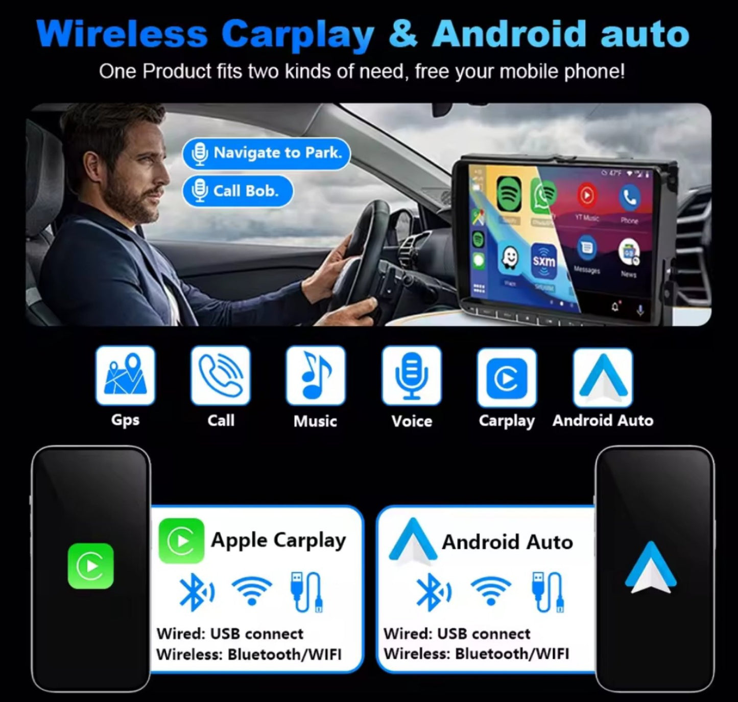 2in1 Wireless Carplay Adapter Android Auto USB Plug and Play Carplay Car for iPhone Apple Portable Al Box Wired/Wireless Carplay