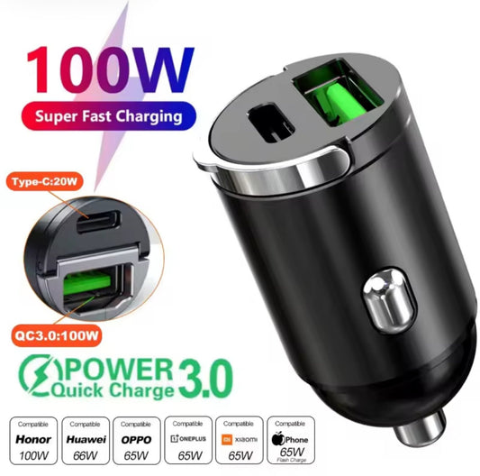 AxiOna&100W/200W QC3.0 PD Mini Car Charger 12-24V Lighter Fast Charging Car USB Type C Charger for Xiaomi Samsung Huawei iPhone Power