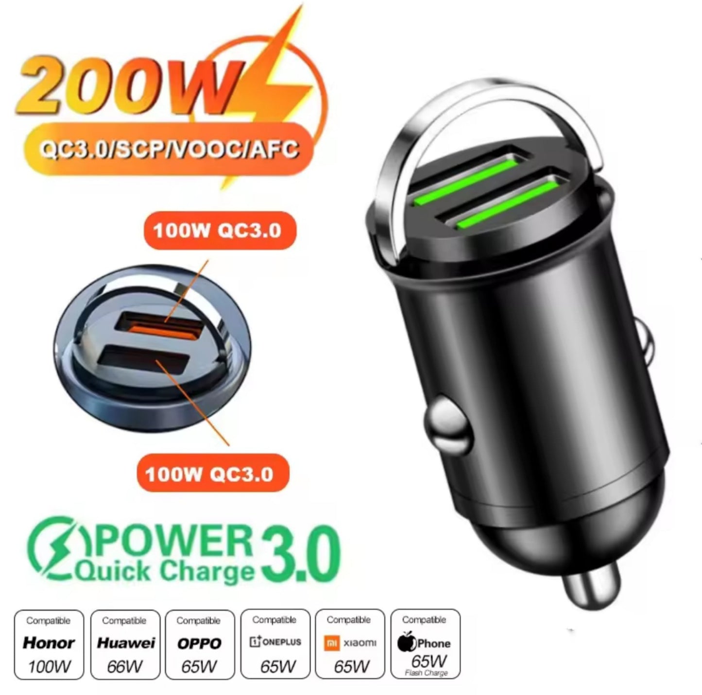 100W/200W QC3.0 PD Mini Car Charger 12-24V Lighter Fast Charging Car USB Type C Charger for Xiaomi Samsung Huawei iPhone Power