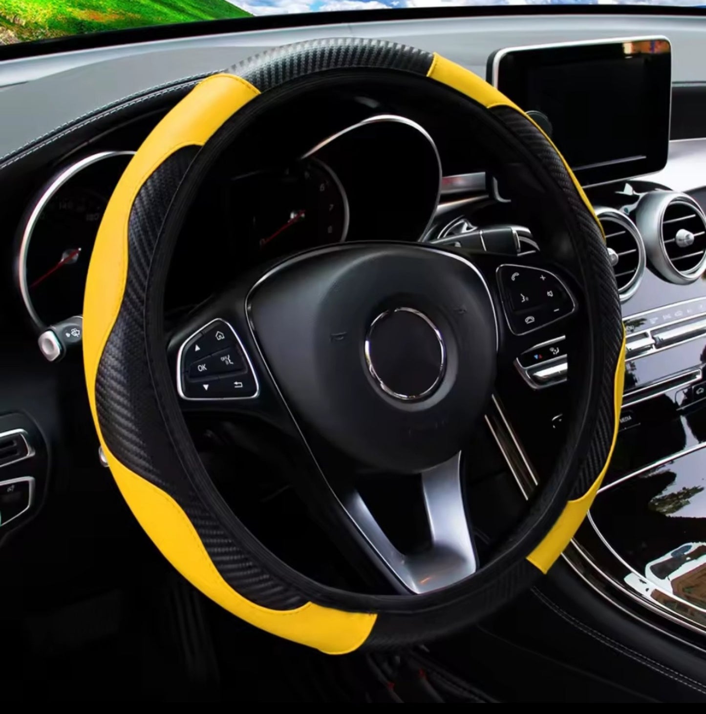 PU Carbon Fiber Leather Car Steering Wheel Cover without Inner Ring Suitable for 14.5-15 Inches of Automotive Supplies