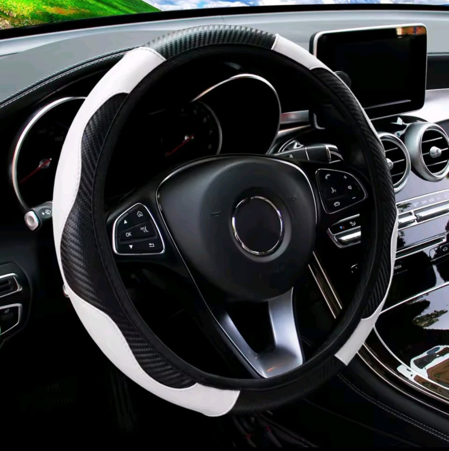 PU Carbon Fiber Leather Car Steering Wheel Cover without Inner Ring Suitable for 14.5-15 Inches of Automotive Supplies